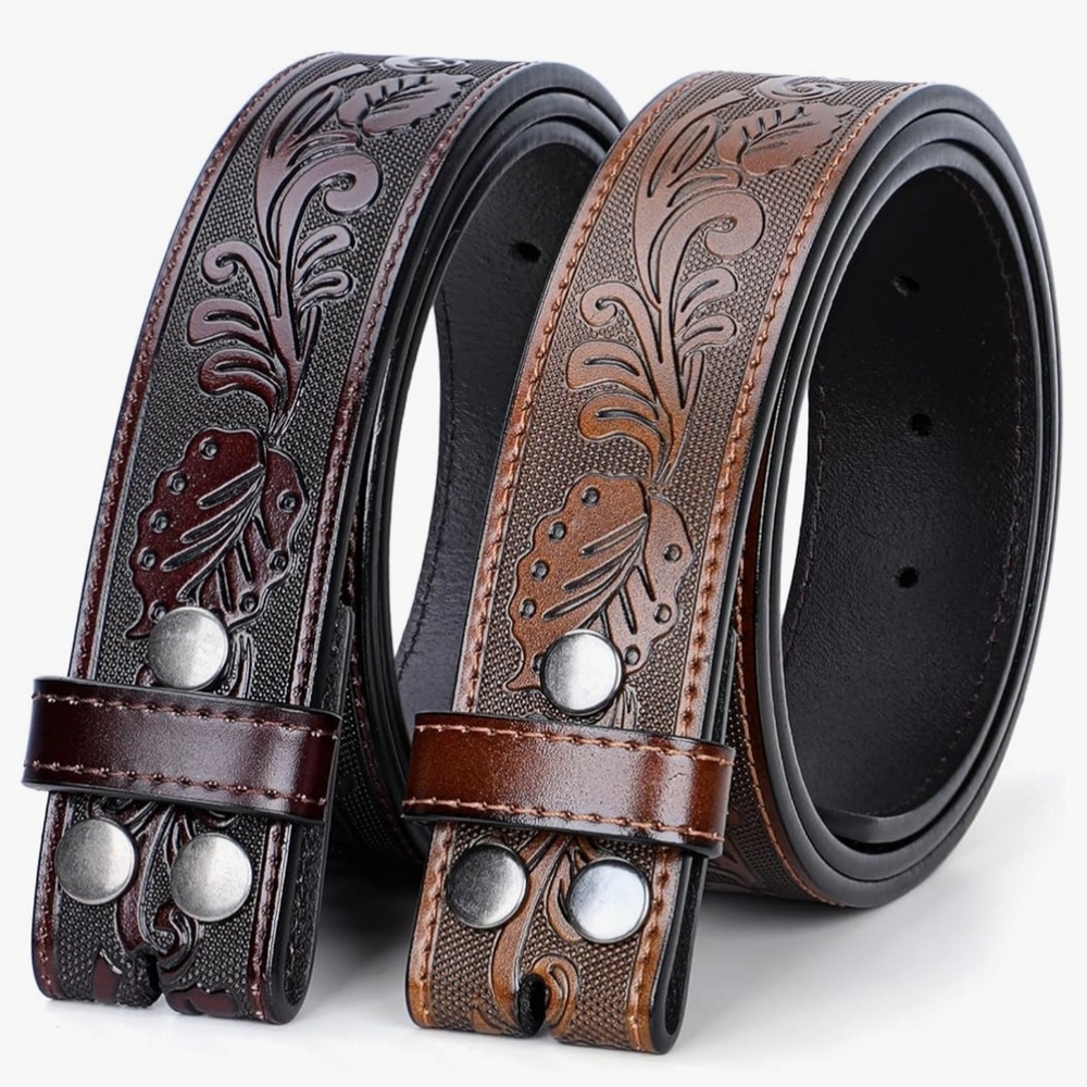 2-pack Brown and Black Embossed Leather Belts( Buckle Not Included)